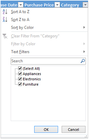 Sorting and filtering data in a table