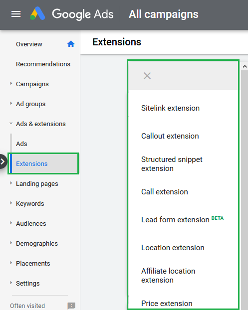 google ads extensions