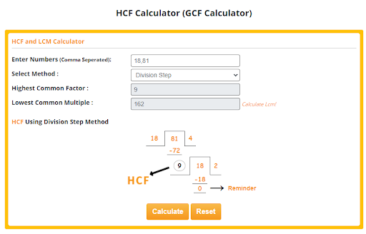 hcf using division step method