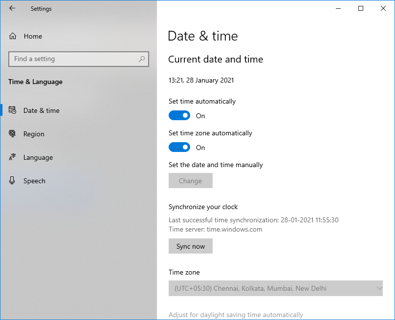 date and time setting in pc