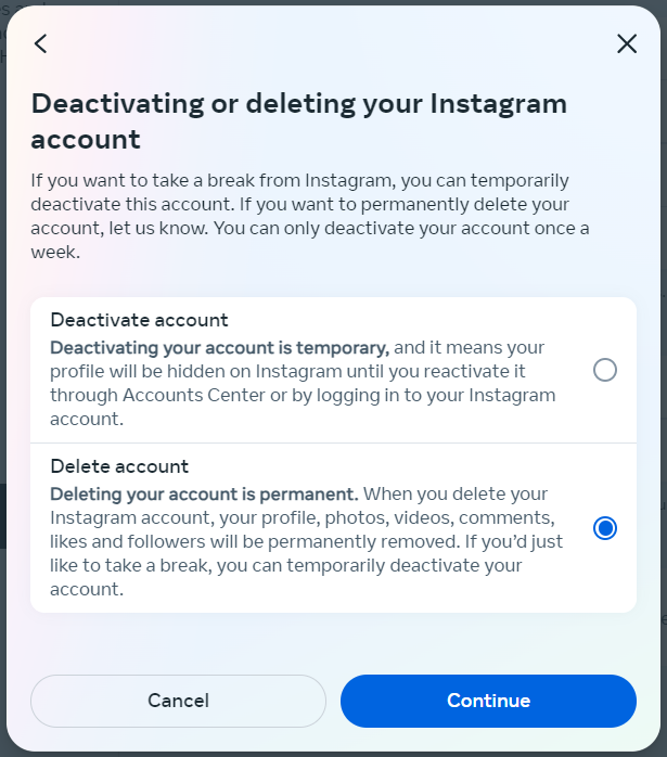 delete account