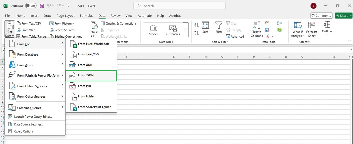 Click Get Data and select From JSON.