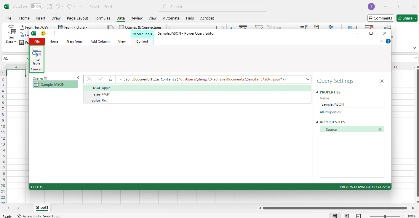 Power Query Editor pops up and Click Convert to Table.